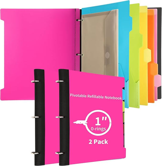 2 Pcs Pivotable Refillable Notebook, 3 Ring Binder Notebooks 1 Inch, Notebook with Dividers and Pockets, Folder Notebook, Flexible Binder, Soft Binders 3 Ring, Foldable Binder- Pink