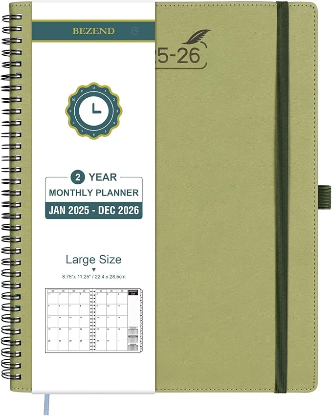 BEZEND Monthly Planner 2025-2026, Large Size, 2 Year Monthly Calendar 8.5" x 11" - 120 GSM Thick Paper - Spiral Planner with Pockets, Tabs, Calendar with Note Sections, Pen Loop, Softcover - Kiwi