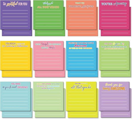 Yinder 24 Pcs Employee Appreciation Sticky Notes Thank You Gifts Bulk Note Pads with Sayings Teacher Gift Mini Pocket Inspirational Notepads for Coworker Office Supply 3 x 3''(Bright,Thanks)