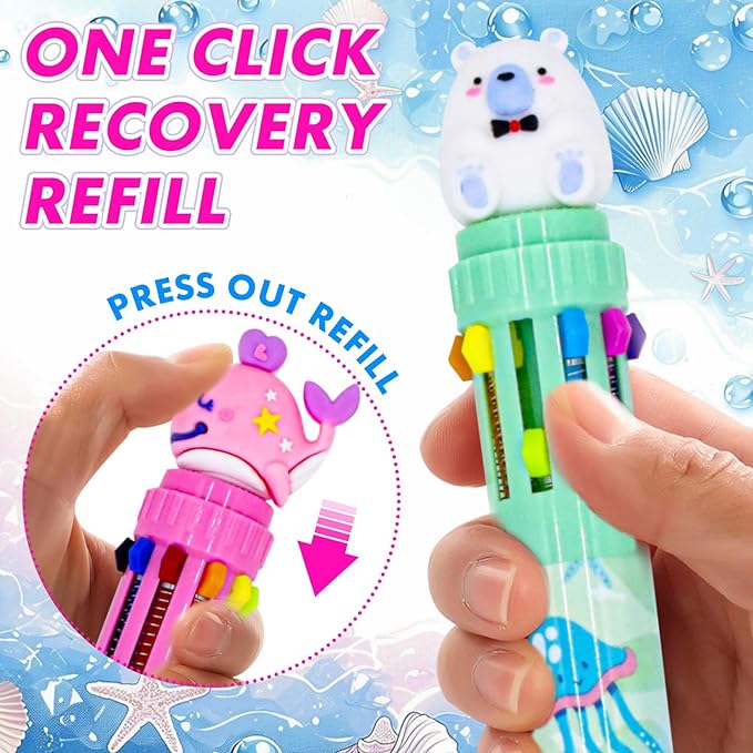 Multicolor Ballpoint Pen 0.7 mm, 10-in-1 Colored Pens Fine Point Retractable Cute Cartoon Ocean Animal Ballpoint Pens for School Supplies Students Kids Gifts, 6 Pack