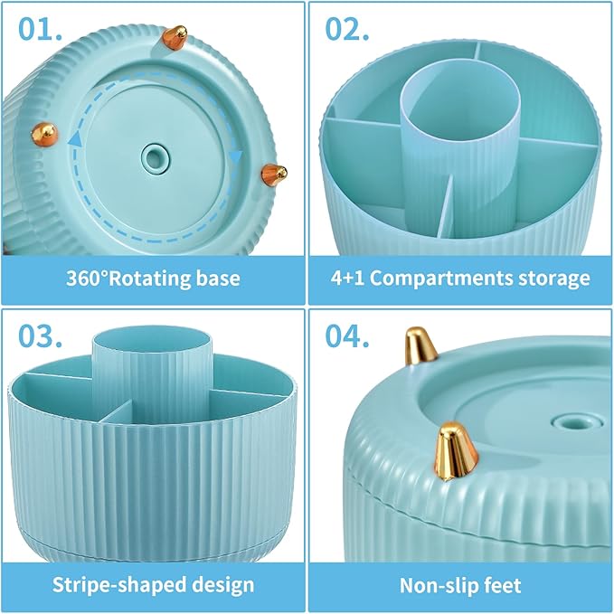 Marbrasse Desk Organizer, 360-Degree Rotating Pen Holder for Desk, Desk Organizers and Accessories with 5 Compartments Pencil Organizer, Art Supply Storage Box Caddy for Office, Home (Light Blue)