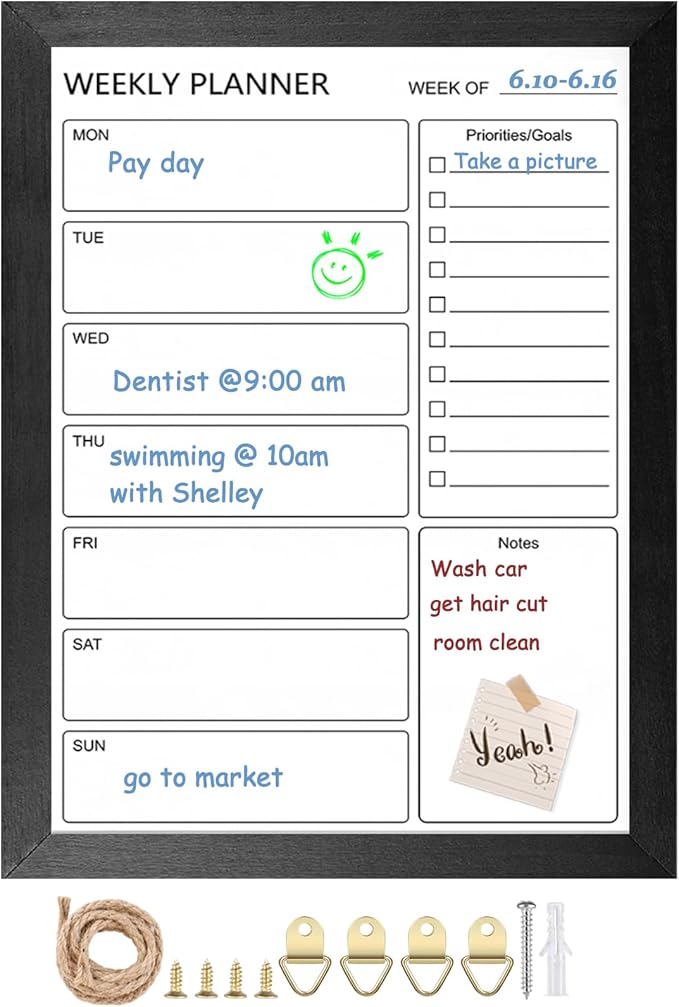 Dry Erase White Board Weekly Calendar Board, Magnetic Whiteboard for Wall,13“x17 Solid Wood Black Framed Message Board, Planner Board for Office, Home, School(Weekly-BB-BK-3343
