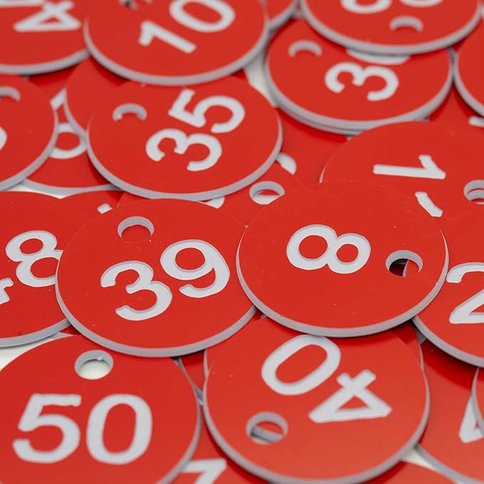 StayMax Plastic ID Number Tags Engraved Tags Key Tags Without Key Rings (1-100, Red)