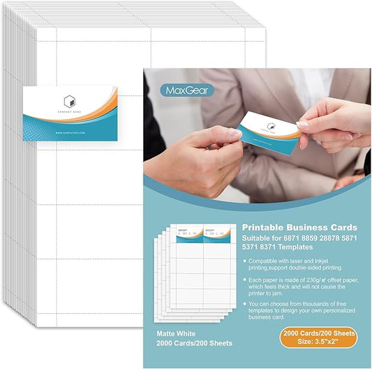 MaxGear Business Card Printable Business Card, Compatible with Laser & Inkjet Printer, Double-Sided Printing, Heavyweight, Matte White Paper, Smooth Edge, 10 Cards/Sheet, 2000 Cards, 3.5" x 2"(8871