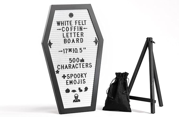 Coffin Letter Board White With Spooky Emojis +500 Characters, and Wooden Stand - 17x10.5 Inches - Gothic Halloween Decor Spooky Gifts Decorations