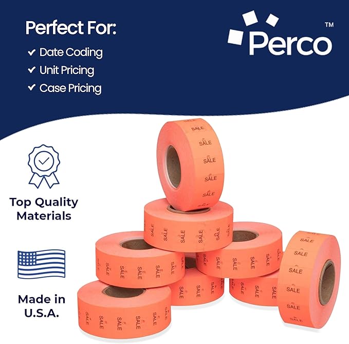 Perco 1 Line Fluorescent Red Sale Labels - 80 Rolls, 10 Sleeves, 80,000 Blank Price and Date Gun Labels for Perco 1 Line Price and Date Guns - Made in USA