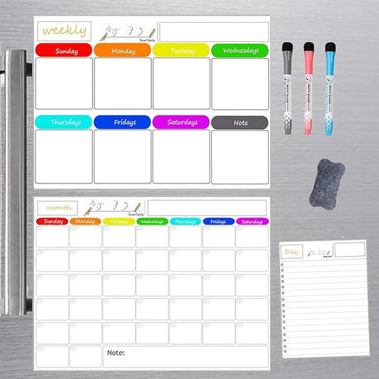 Magnetic Dry Erase Calendar for Refrigerator,Fridge Calendar Magnet Combo - Ideal for Dry Erase, Magnetic Calendar, and Home Decor, White