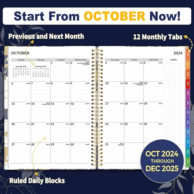 SUNEE 2025 Appointment Book, Quarter-Hourly, Weekly & Monthly - from January 2025 - December 2025, 8.5"x11" Flexible Cover, Notes, Pockets, Bookmark, Spiral Binding, Vintage Floral