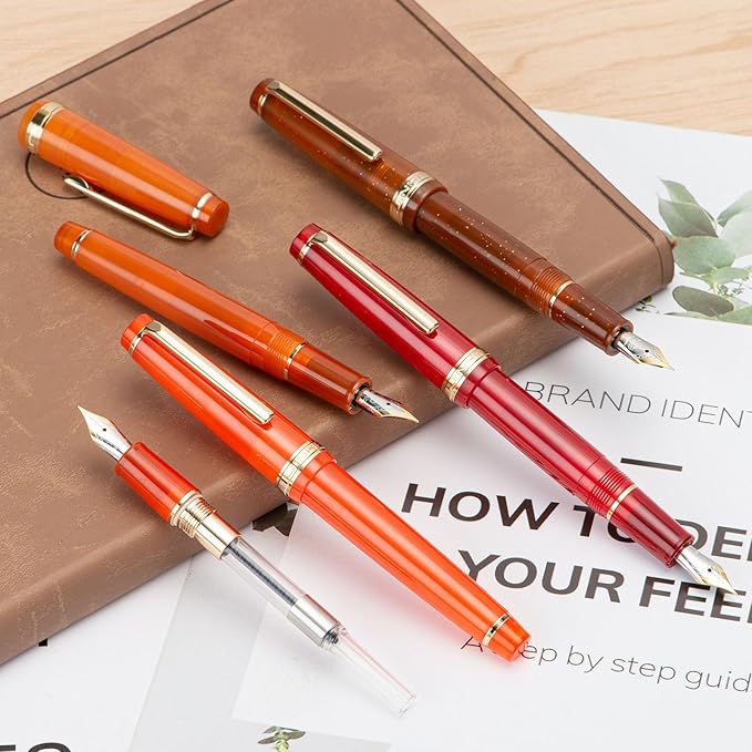 Jinhao 82 Acrylic Fountain Pen, Iridium Fine Nib with Ink Converter, Transparent Light Red Classic Design Smooth Writing Pen (Gold Trim)