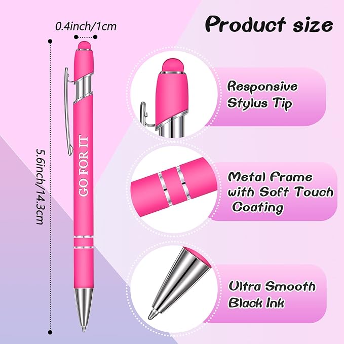 Zonon 12 Pieces Inspirational Pens Bulk Easter Basket Stuffers Motivational Quotes Ballpoint Pens with Stylus Tip Inspirational Gifts for School Office Teachers(Pink,Motivational Style)