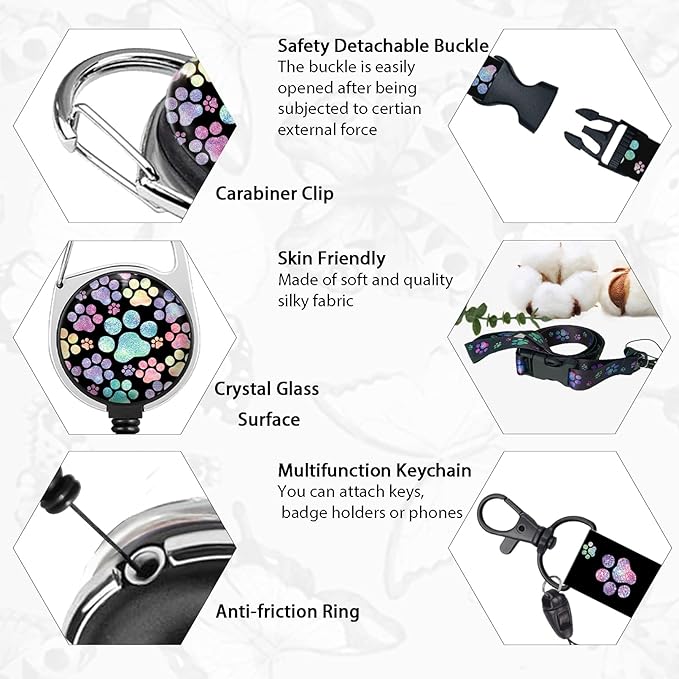 Puppy Dog Paw Lanyards for Id Badges, Cute Retractable ID Badge Holder with Detachable Lanyard, Fashionable Badge Reel Heavy Duty with 360 Degrees Rotate Carabiner Clip, Nurse Teacher Office Gifts