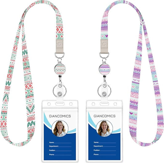 Giancomics Boho Lanyards for Id Badges, Cute ID Badge Holder with Retractable Reel, Waterproof Lanyards for Cruise Ships Cards Key Office Work Name Tag Zip Type Card Holder Protector 2 Pack