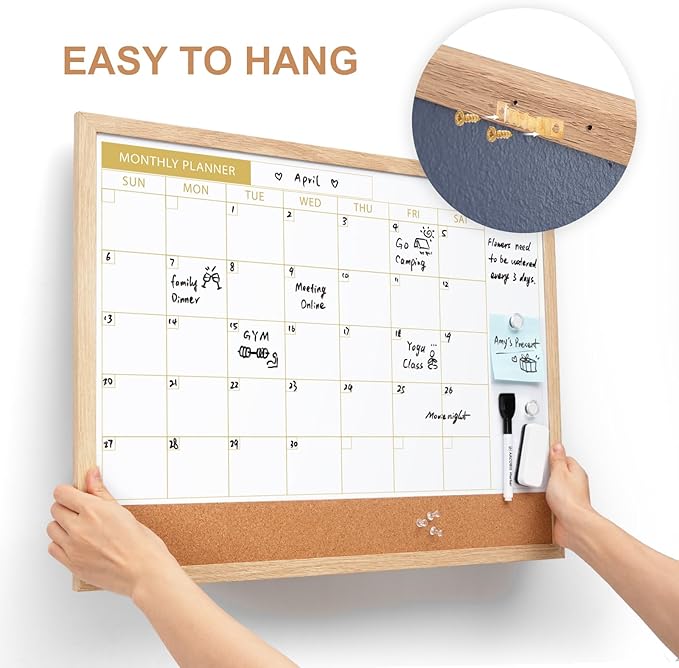 ARCOBIS White Board Calendar with Cork Board, 24x18 Inch Wood Frame Bulletin Board for Wall, Magnetic White Calendar Board with Chalk Markers, Push-Pins and Magnets,Beige