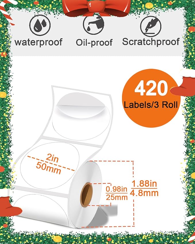 2 x 2 Round Thermal Labels for T50M/M110/M108/M220/M260 Label Makers, 2 inch Self-Adhesive Stickers for 4X6 Thermal Printer Labels, Small Business Barcode & Packaging, 420PCS/3 Rolls, White