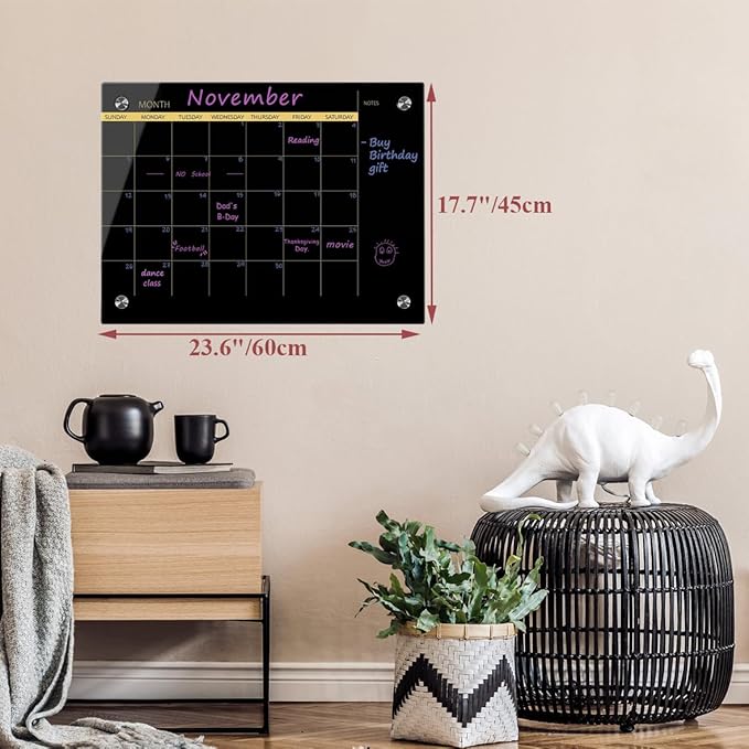 Glass Dry Erase Whiteboard,Monthly Calendar Whiteboard,18" x 24",Frameless Glass White Board for Home,School,Office,Blace Surface(GlassA-BK-4560)