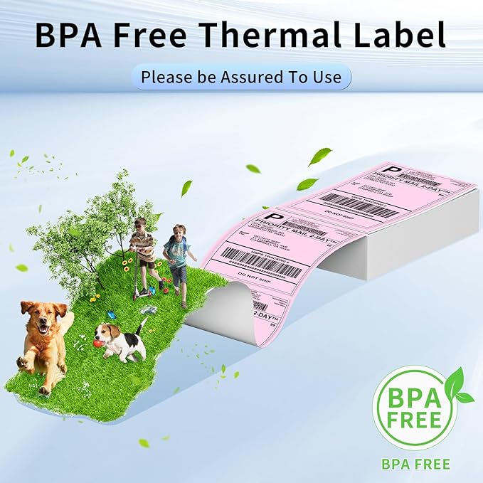 Phomemo 4X6'' Thermal Shipping Labels - Pack of 100 4x6 Fan-Fold Labels for Shipping Labels, Address, Mail, Product Logo Labels, Commercial Grade, Pink