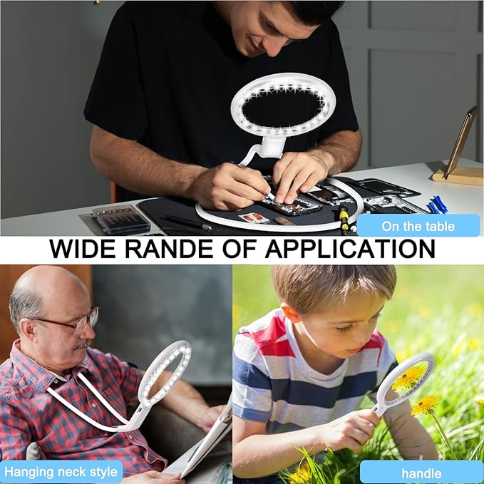 10X Lighted Magnifying Glass, Flexible Gooseneck Magnifier with 36 LED Light, 3 Light Modes, 5.2 Inch Lighted Magnifying Glass Hands Free for Seniors Sewing (White)