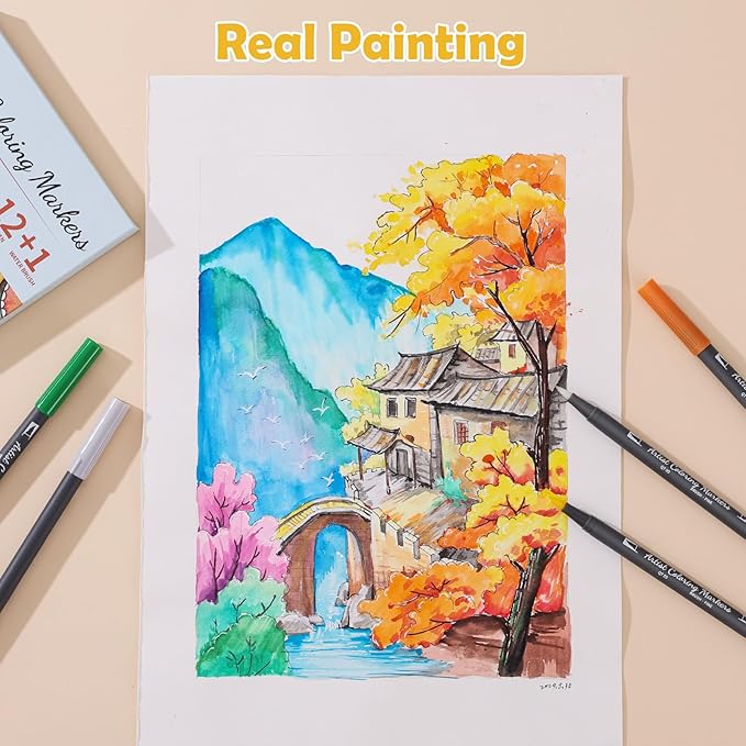 12 Colors Blendable Watercolor Markers,2024 Upgrade Double Tip Paint Pens with 1 Water Brush Pens,Water Based Coloring Makers, Drawing Markers Set with Flexible Brush Tips for Artists and Beginners