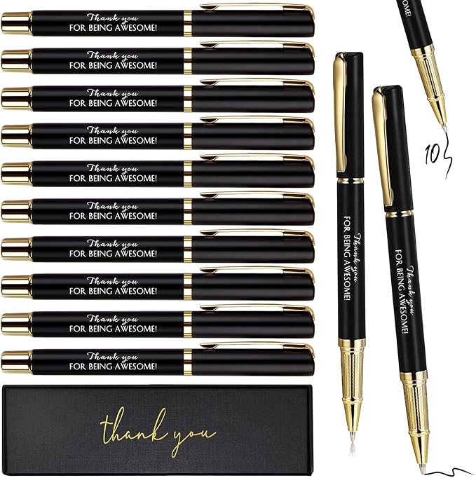 PerKoop 10 Set Thank You Gifts Inspirational Ballpoint Pens with Gift Boxes Bulk Appreciation Party Favors for Employee Coworker Staff Team Friends Office Supplies(Black,Awesome)