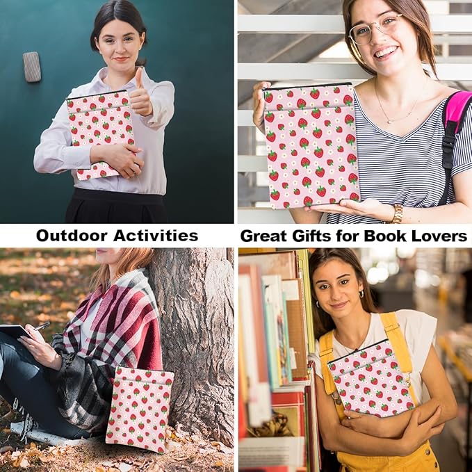 Strawberry Pattern Book Lovers Gifts Waterproof Book Sleeve Book Pouch Book Protector with Zipper and Front Pocket BookCover Case for Women Girl Grandma Mom Book Accessories Book Club Gifts