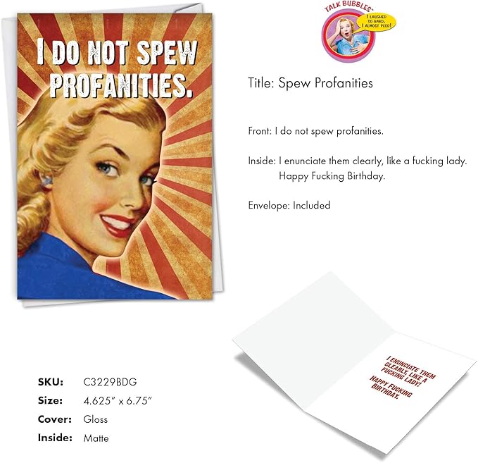 NobleWorks - 1 Funny Happy Birthday Greeting Card - Retro Woman Humor, Notecard Talk Bubbles - Mind Your Language C3229BDG