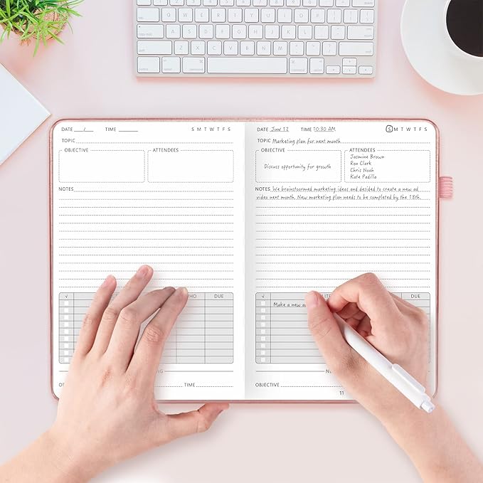 Elegant Meeting Notebook for Work with Action Items, Premium Leatherette Hardcover Meeting Planner with Numbered Pages, 7 x 10" Project Planner Notebook Meeting Notes for Men & Women