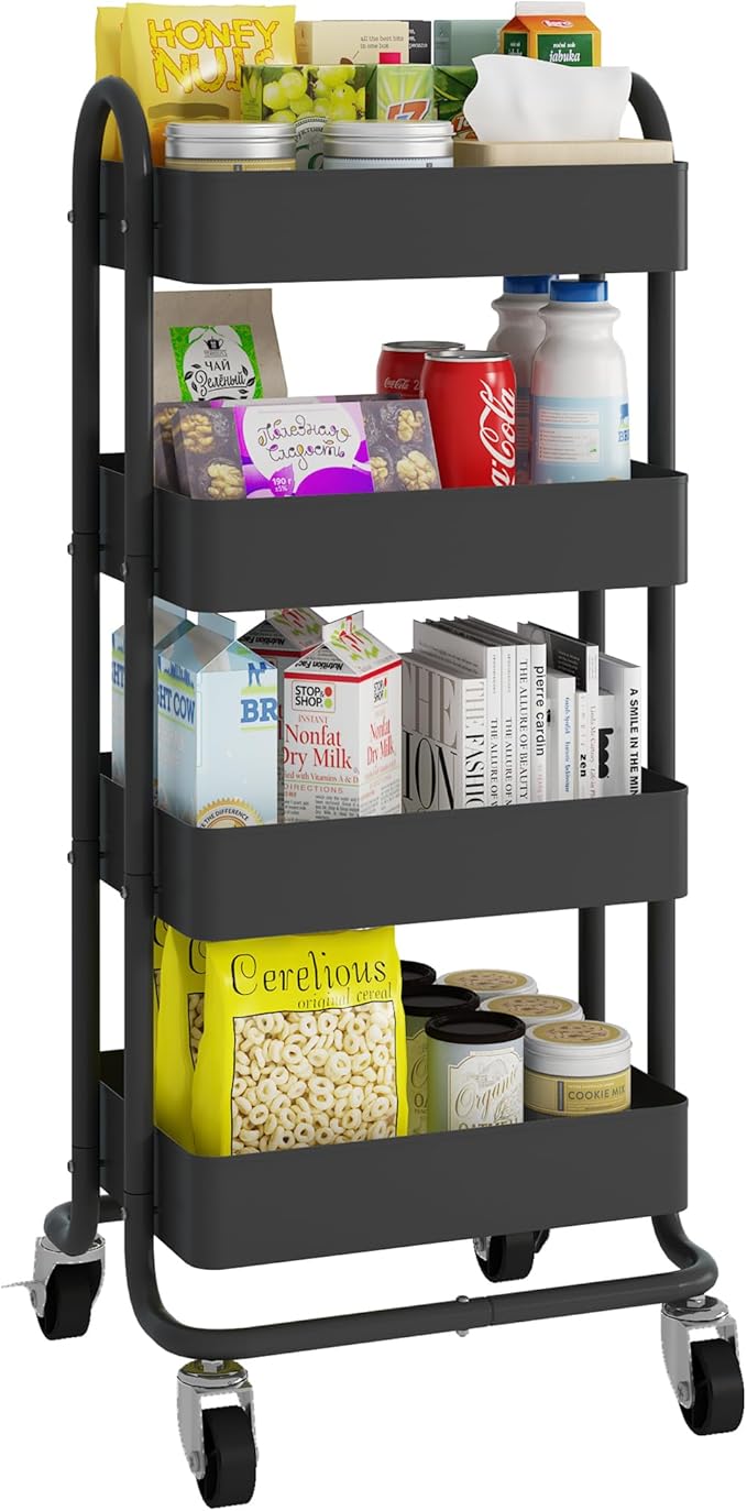 4-Tier Black Rolling Cart,Metal Rolling Utility Cart with Handle,Multifunction Rolling Carts with Wheels,Kitchen Storage Carts Suitable for Office,Home,Kitchen,Garden๏ผ13.4"x18.1"x40"๏ผ Black