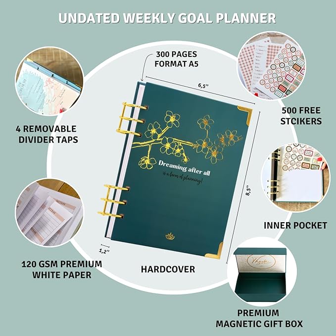 Bossy Girl Journey Goal Planner Undated Weekly Monthly Productivity Journal With Habit And Budget tracker A5 Size 8.5 X 5.8 Binder 6 ring Refillable To Beat Procrastination, Stay More Focused
