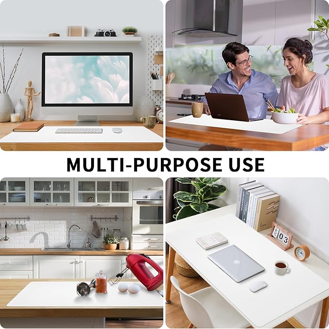 Leather Desk Pad, Large Mouse Pad, Non-Slip Desk Mat, Leather Desk Blotter, Computer Desk Pad, Waterproof Keyboard Pad for Home Office and Decor - White (31.5×15.7 Inches)
