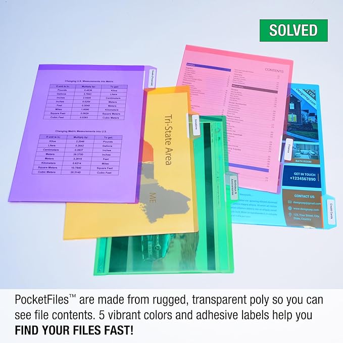 Ultimate Office PocketFile™ Clear Poly Document Folder Project Pockets, 5th-Cut, Letter Size, in 5 Assorted Colors, Set of 25