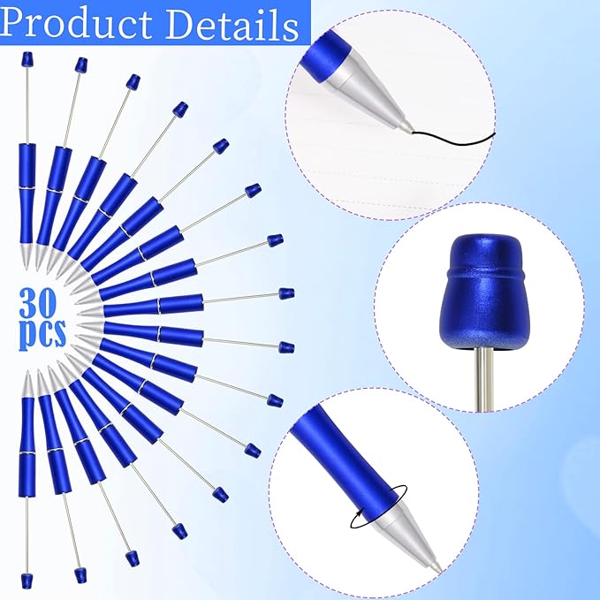 jiebor 30Pcs Blue Beadable Pens Plastic Bead Pen Black Ink Ballpoint Pens Diy Pens Cute Cool Pens for Teacher Bridal Graduation Gift Office Supplies