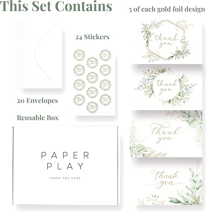 20 Eucalyptus Matt Gold Foil Greenery Thank You Cards with Envelopes & Stickers 4x6 Inch, Bulk Thank You Notes, Suitable for Business, Baby Shower, Wedding, Graduation, Bridal Shower, Funeral