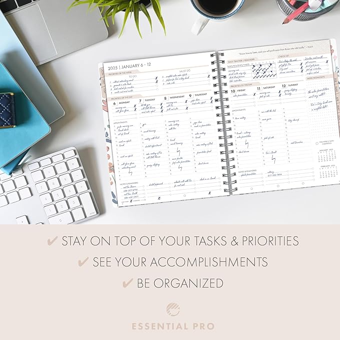 Essential PRO 2025 Daily, Weekly & Monthly Planner, 7"x9": 14 Months (Nov 2024 - Dec 2025) Monthly Tabs,Daily Tracking,Notes Pages,Storage Pocket,Bookmark w Sticky Notes (Colorful Botanicals)