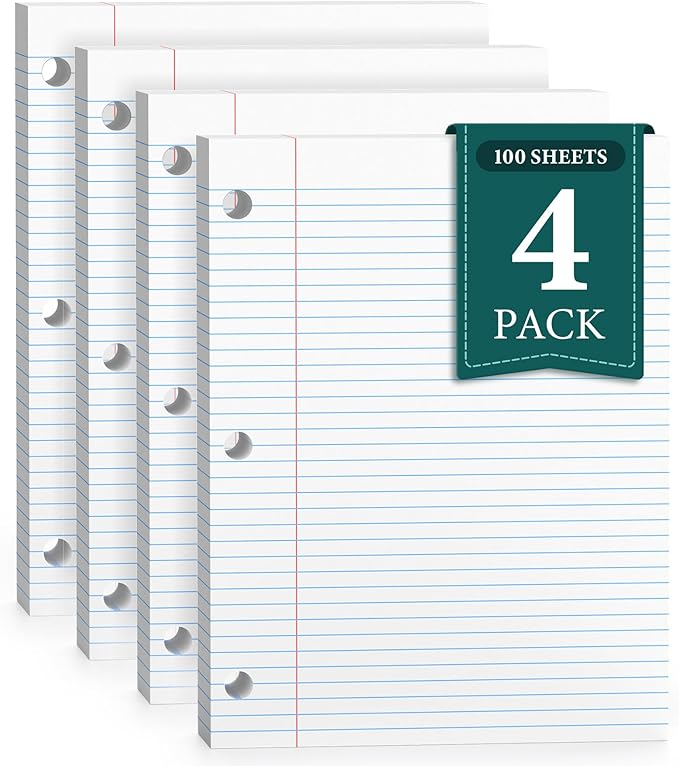 College Ruled Loose Leaf Paper, 3 Hole Punch Paper 8 x 10.5, Notebook Paper, Filler Paper for 3 Ring Binders, Lined Paper College Ruled, 100 Sheets/Pack Writing Paper With Lines (4 Pack)