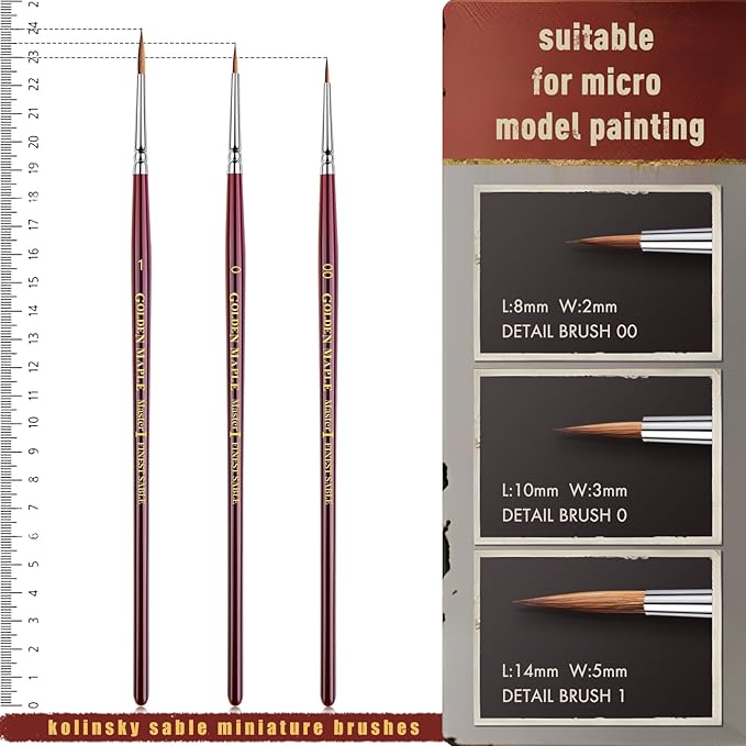 Kolinsky Sable Miniature Paint Brushes - Professional Detail Brushes, Golden Maple Ultra Fine for Miniatures, Details, 40k, Fingure, D&D, Size 00, 0, 1