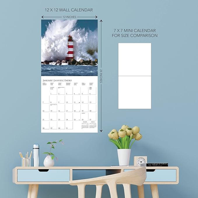 Graphique 2024 Lighthouses Wall Calendar | 12” x 12” | Thick Paper | Home & Office Organizer | Large Monthly Grid | 3 Languages & Marked Holidays | 4 Month Preview Page for 2025