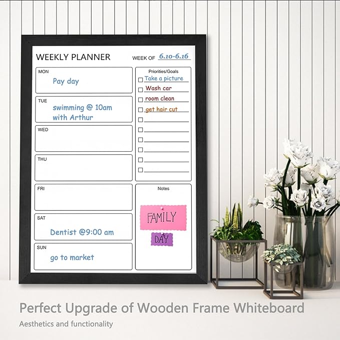 Dry Erase White Board Weekly Calendar Board, Magnetic Whiteboard for Wall,18“x24 Solid Wood Black Framed Message Board, Planner Board for Office, Home, School(Weekly-BB-BK-4560
