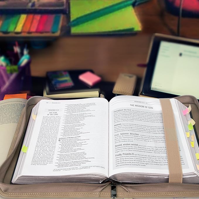 Leather Bible Cover for Woman & Men, Women’s Bible Case with Rose Bookmark for Bible Supplies-Girls Carrying Bag Tote with Strap, Personal Size Book Organizer for Journaling Bible-Khaki