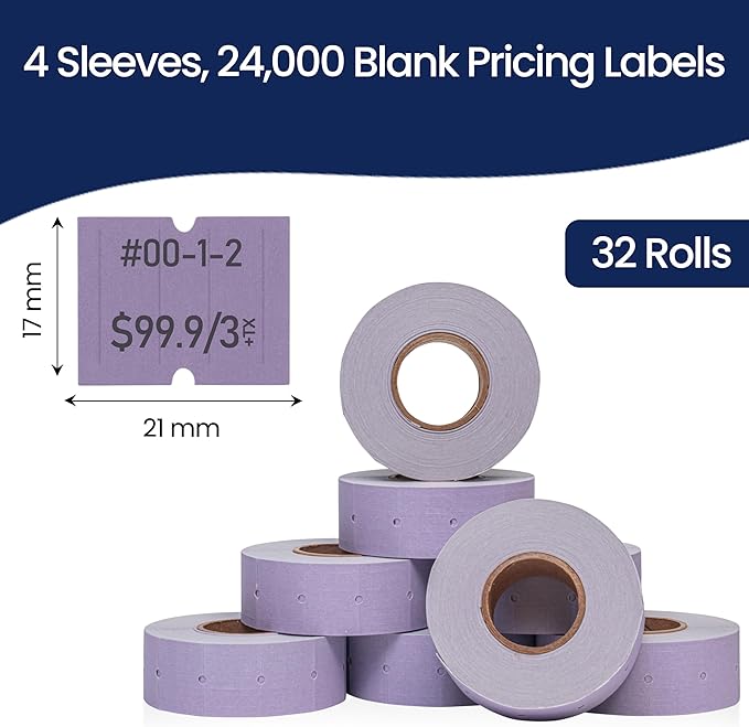 Perco 2 Line Lavender Labels - 32 Rolls, 4 Sleeves, 24,000 Blank Price and Date Gun Labels for Perco 2 Line Price and Date Guns - Made in USA