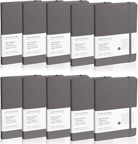 Lined Journal Notebook, 10Pack(Dark Gray), 160 Pages, Medium 5.7 inches x 8 inches - 100 gsm Thick Paper, Hardcover