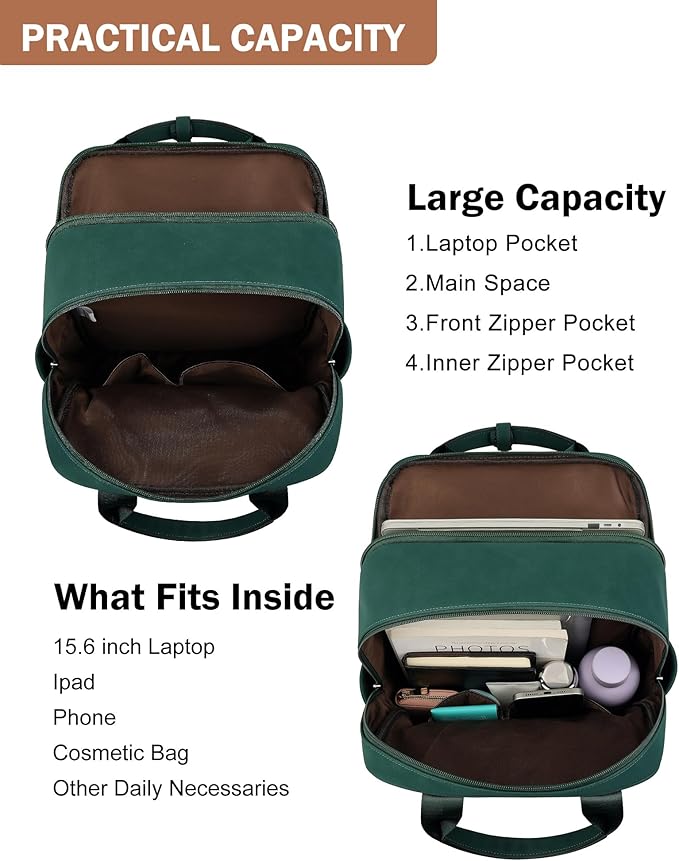 MASINTOR Leather Laptop Backpack for Women, Stylish Computer Backpack College Business Work Shoulder Bags Work and Travel Retro Green