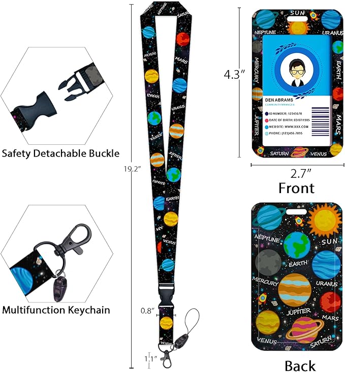 Giancomics Space Planet Sun Lanyards for Id Badges, ID Badge Holder with Lanyard Badge Reel Retractable, Galaxy Lanyard with ID Holder Keychain Clip Name Tag ID Card Holder for Women Men Work Office