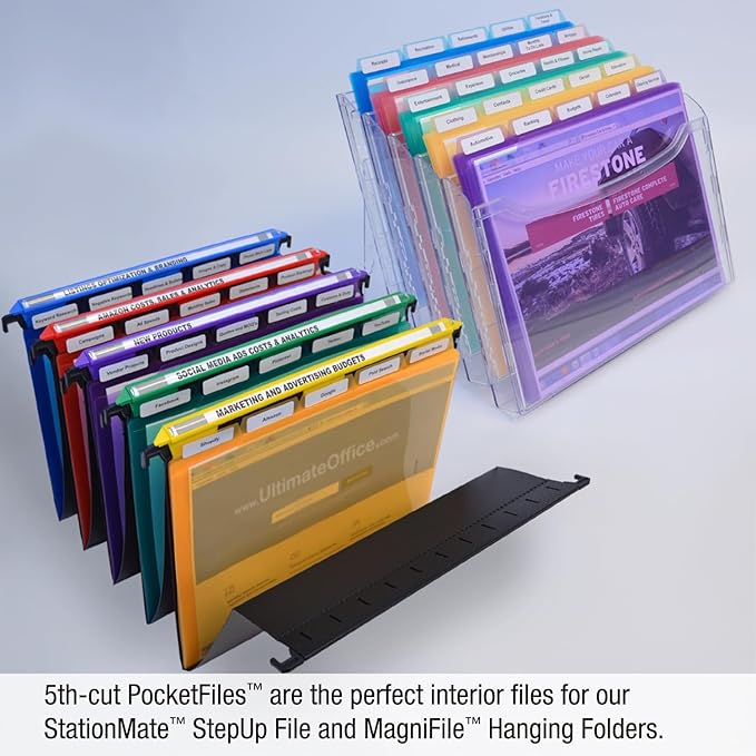 Ultimate Office PocketFile™ Clear Poly Document Folder Project Pockets, 5th-Cut, Letter Size, in 5 Assorted Colors, Set of 25