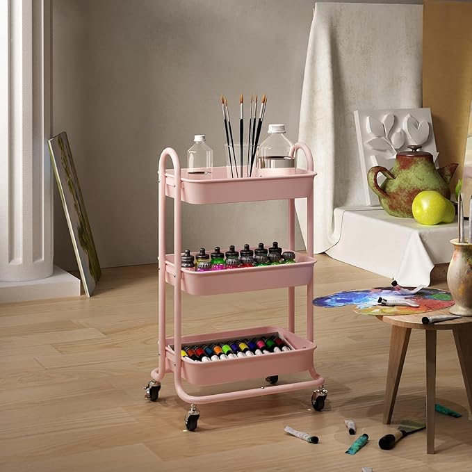 3-Tier Pink Utility Rolling Cart,Kitchen Storage Carts with Wheels,Pink Metal Rolling Cart for Office,Home,Kitchen,Garden๏ผ18"x11.4"x31.2"๏ผ Pink