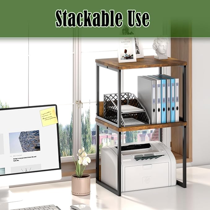 MARTY Desktop Printer Stand 2 Pack Printer Stand with Storage for Desk, Printer Shelf Desk Organzier for Home/Office Printer Riser Under Desk Small Table for Printer Fax Machine Scanner(Rustic Brown)