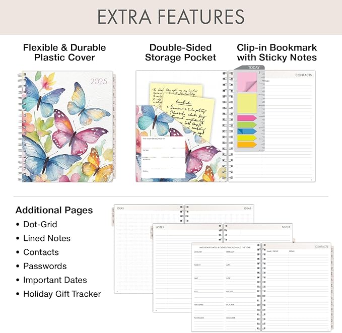 Essential PRO 2025 Daily, Weekly & Monthly Planner, 7"x9": 14 Months (Nov 2024 - Dec 2025) Monthly Tabs,Daily Tracking,Notes Pages,Storage Pocket,Bookmark w Sticky Notes (Watercolor Butterflies)
