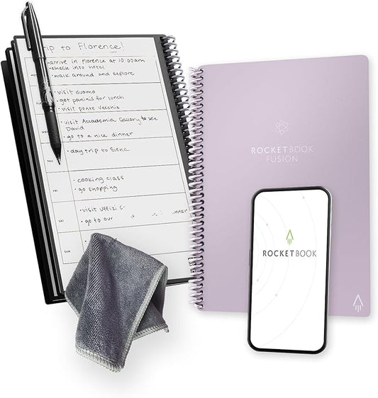 Rocketbook Fusion Reusable Undated Productivity Planner, Executive Size 6x8.8, Lilac - Goals, Monthly and Weekly Calendar, Daily To-do List, Lined and Dotted Notes Pages