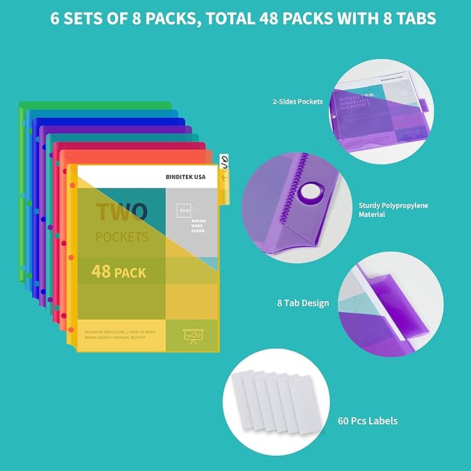 Binditek 48 Pack Plastic 8-Tab Binder Dividers with 2 Pockets, Tab Insertable Poly Pocket Dividers for 3 Ring Binders, Letter Size, Multicolor, Writable Label Cards, for Students and Coworkers, 6 Set