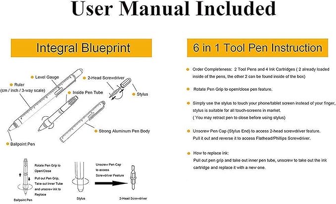 HeTaoCat Metal Multi tool Pen 6-in-1 Stylus Pen - With Screwdriver, Phillips Screwdriver, Flathead Bit Slotted Screwdriver, Ballpoint Pen Black ink, Stylus pen, Bubble Level and Ruler (Blue)