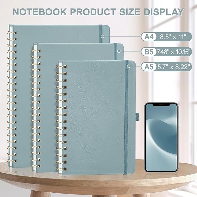 AHGXG Graph Paper Notebook - Spiral Notebook Hardcover Leather Journal 140 Pages, A5 Grid Paper Notebook 5.7" x 8.3", 100 gsm Thick Paper, for School Writing Graphing Engineering, GrayBlue